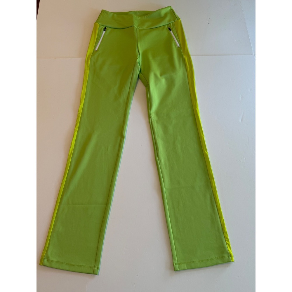 SwingDish Lime Green Neon Stripe Athletic Golf Pants Womens Small Zipper Pockets